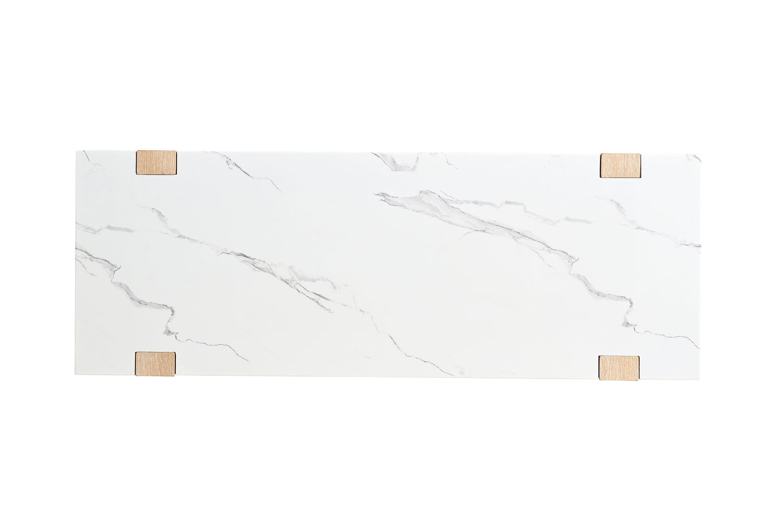 Top view of contemporary sofa table showcasing the sleek white faux marble surface with natural wood corner accents.