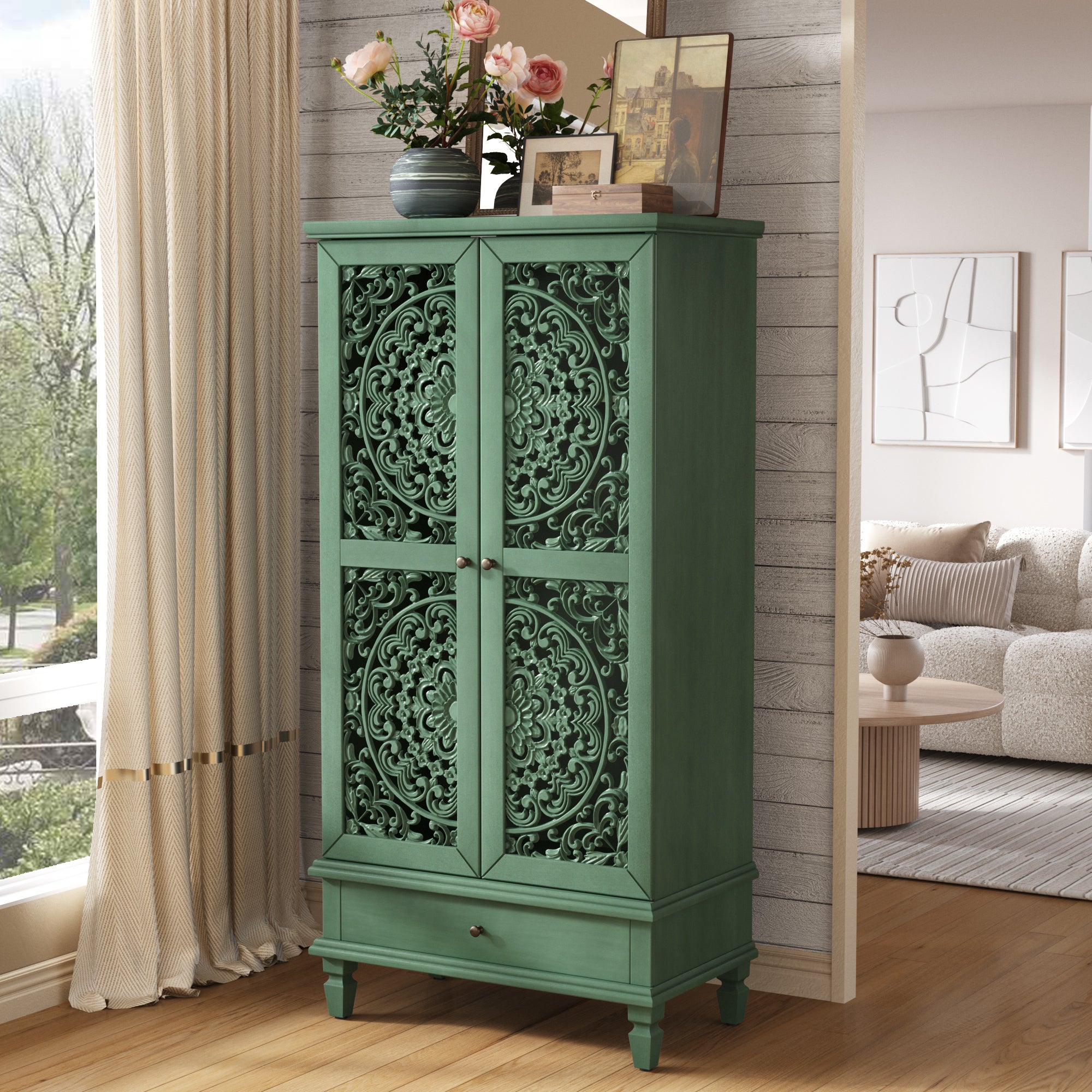 Antique Green Storage Cabinet - 55'' Tall w/ Drawer placed in a cozy hallway, styled with flowers and framed art on top.
