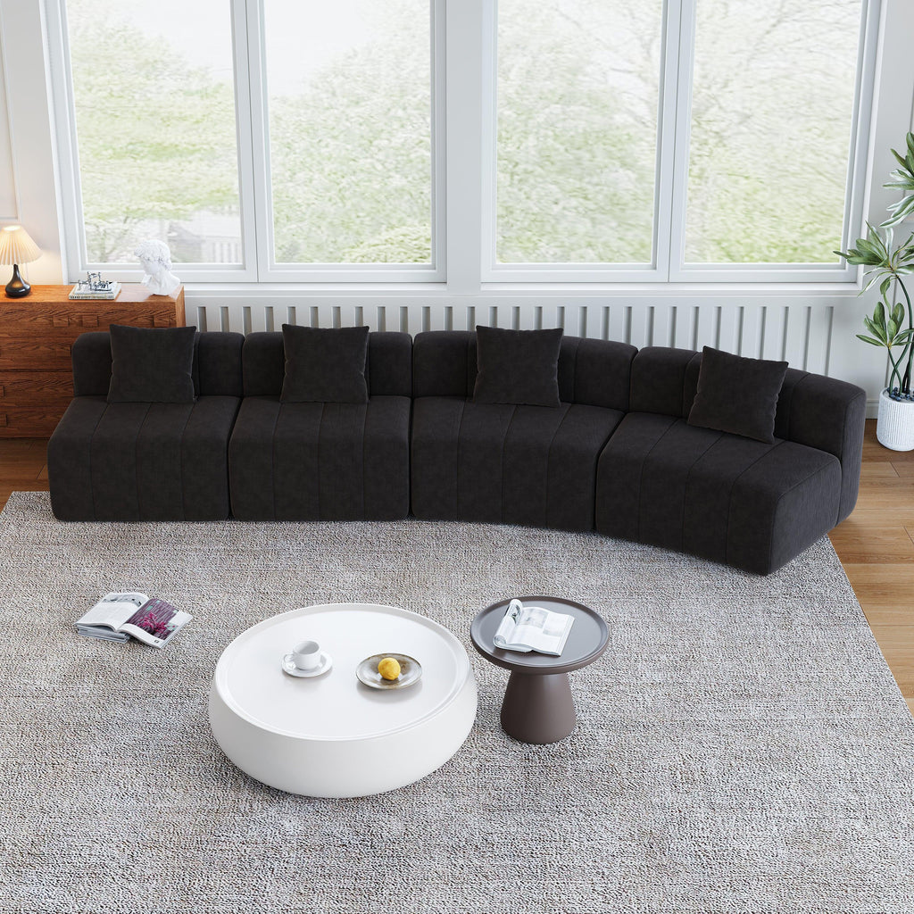 Chenille Curved Sectional Sofa with 4 Pillows.