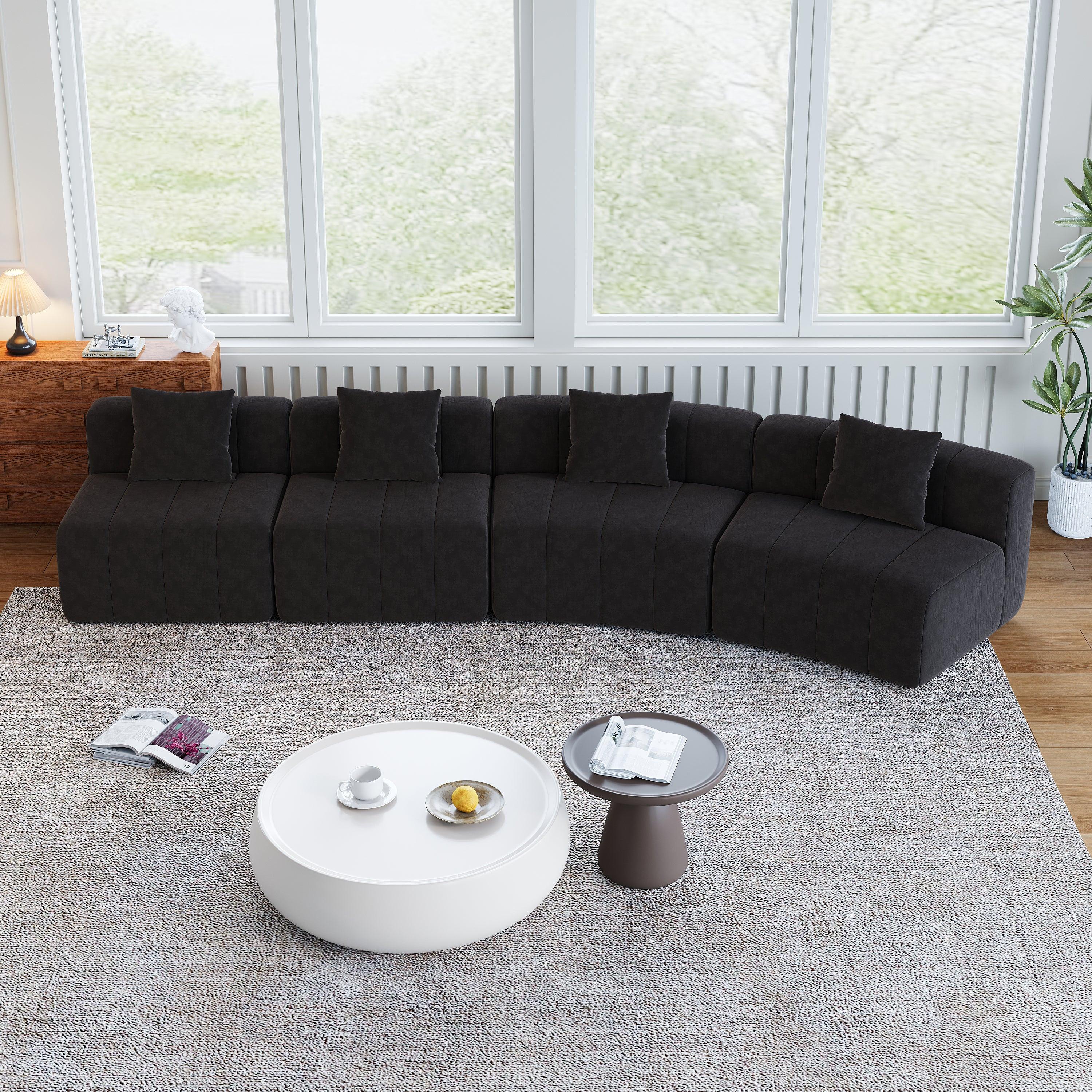 Chenille Curved Sectional Sofa with 4 Pillows.