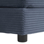 Detail of the sofa base with ribbed blue corduroy fabric and black cylindrical leg. Highlights quality craftsmanship and stable support.