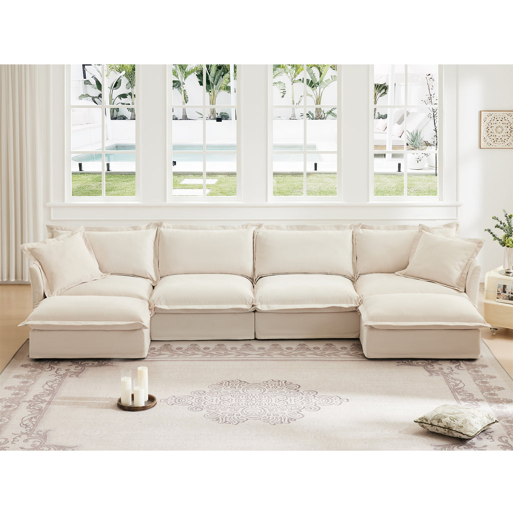 Cream Chenille U-Shape 4-Seater Sectional with Deep Seats