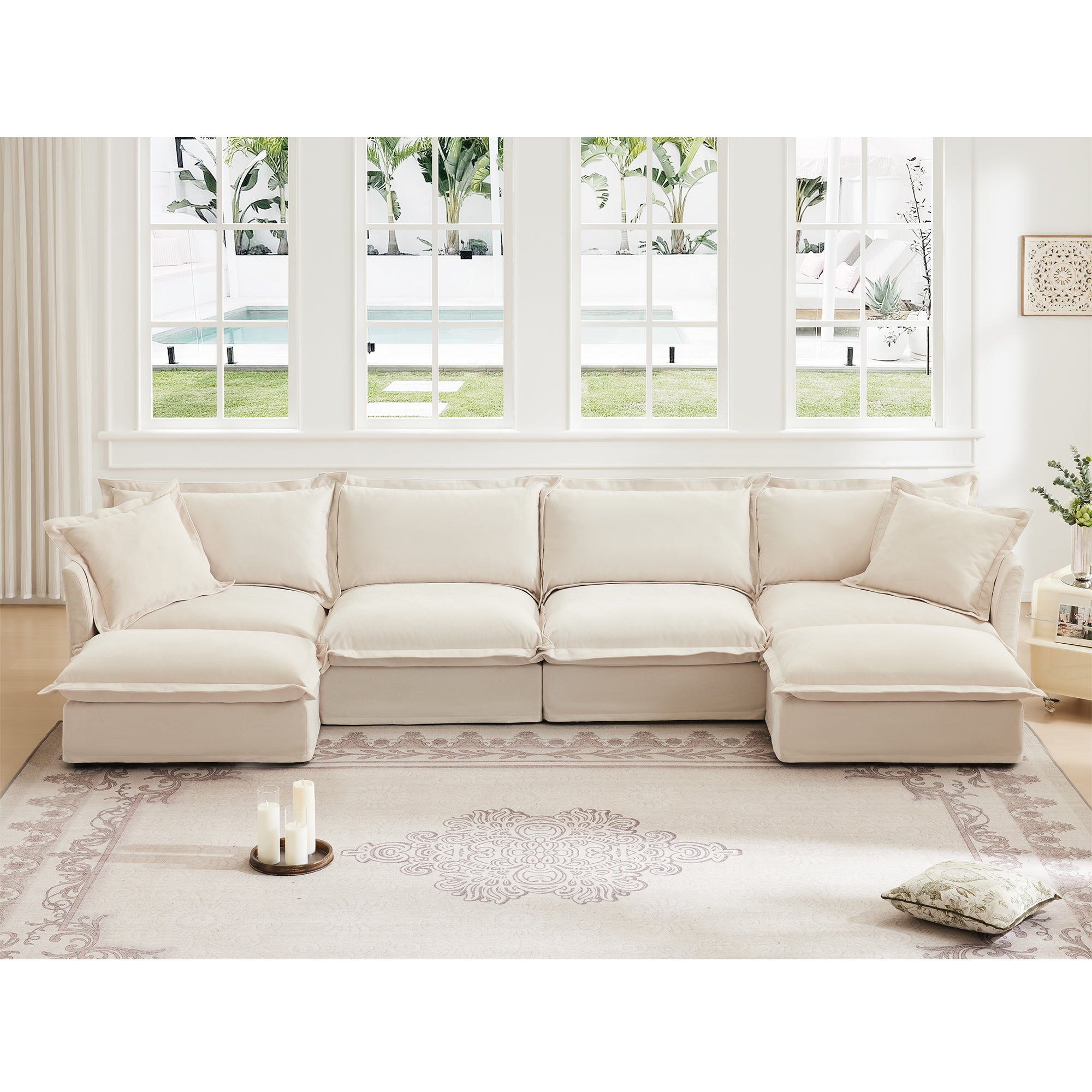 Cream Chenille U-Shape 4-Seater Sectional with Deep Seats