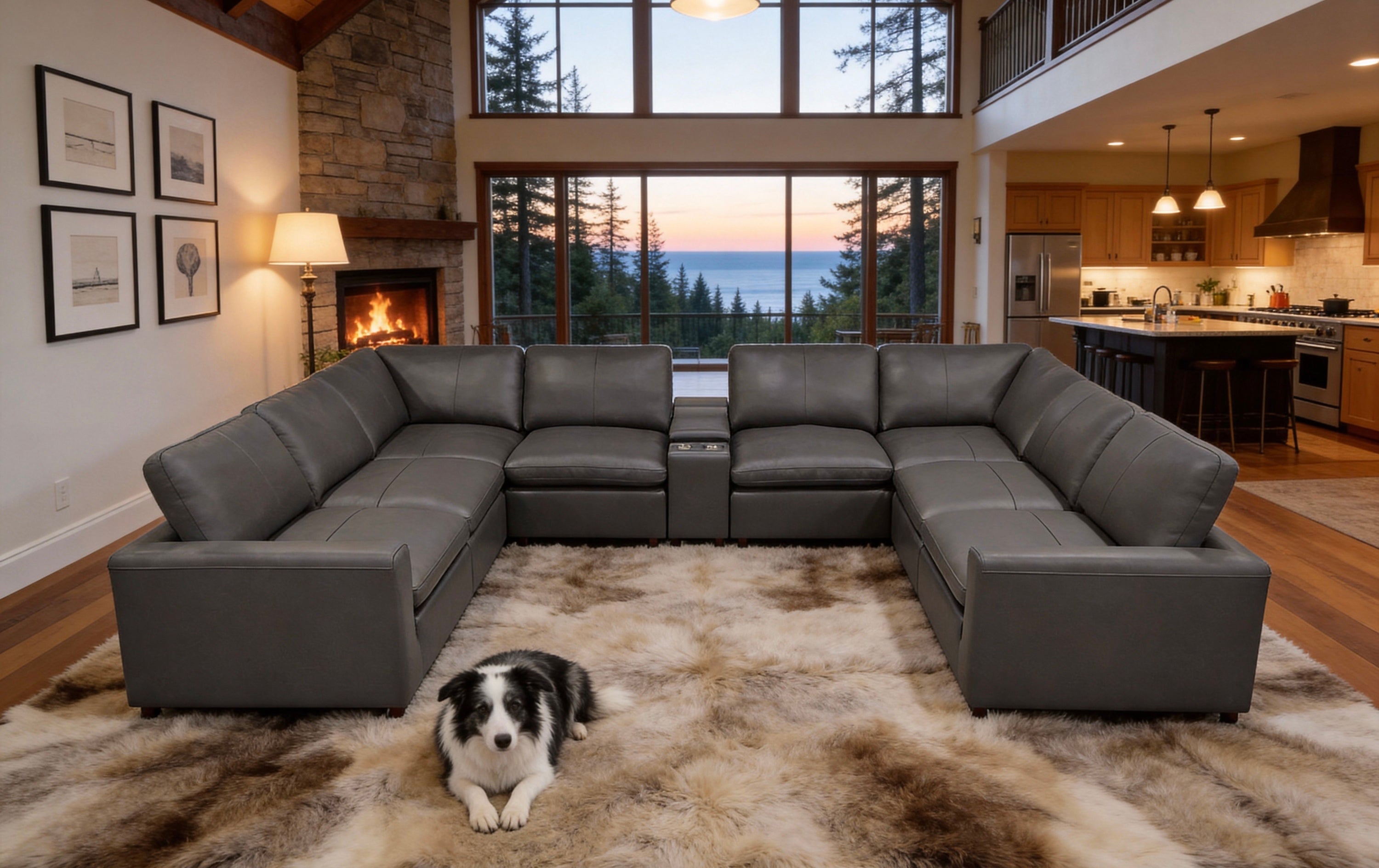 Blue Gray Leather Match U-Shaped Sectional with Console, 8-Seater