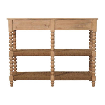 Solid Wood Savoy Bobbin Console with Jute Shelves,Beige with 2 drawers and 4 Shelf