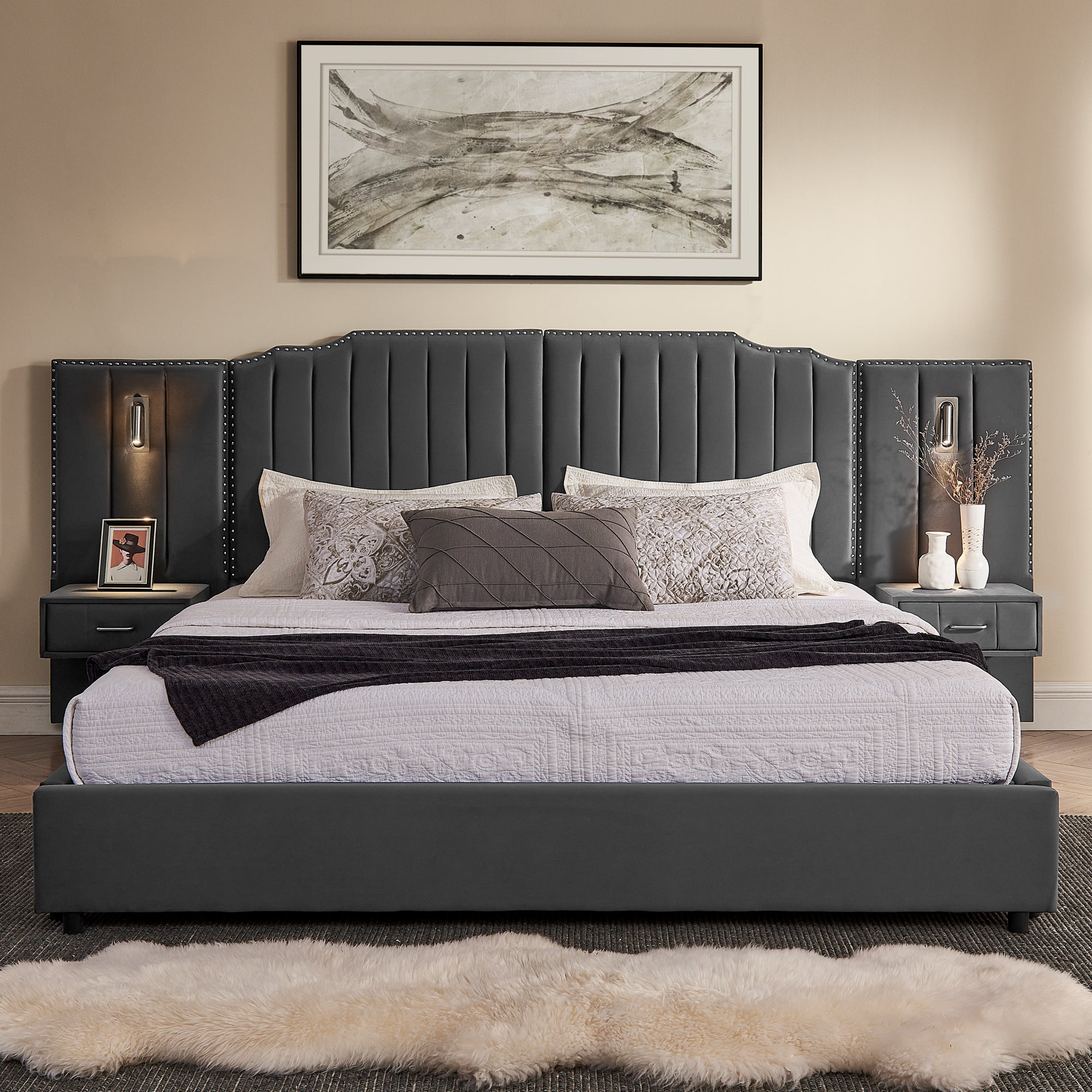 Front view of king size velvet bed frame with elegant headboard, built-in drawers, and soft bedding for a luxurious bedroom setup.
