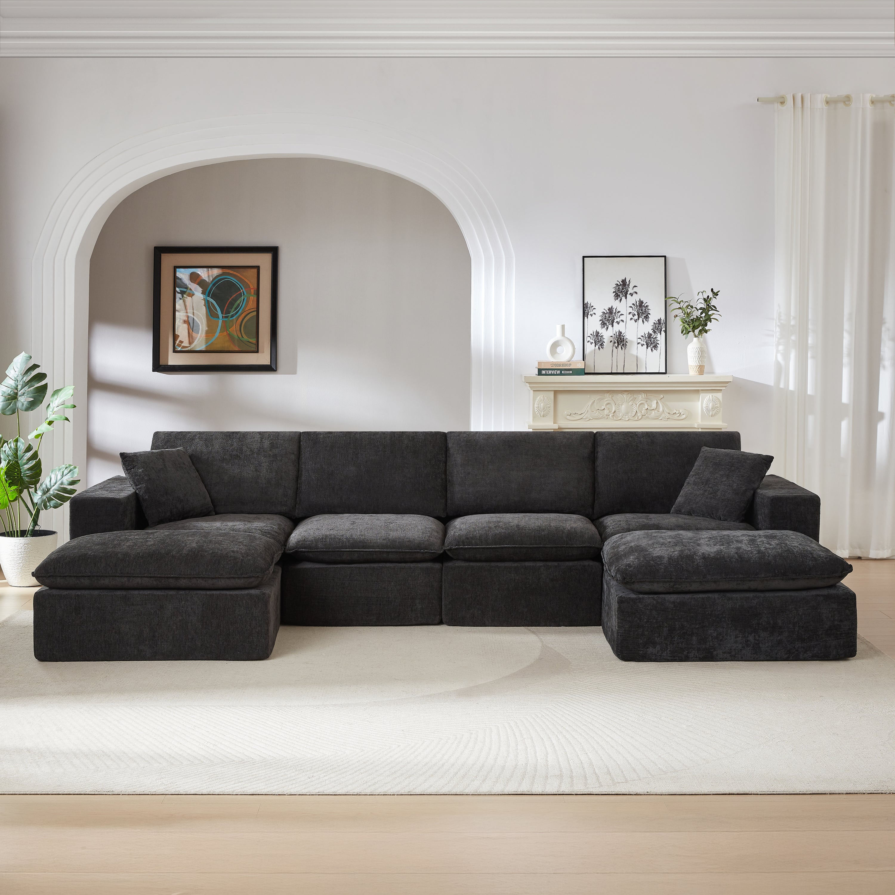 Chenille Cloud Sofa - Modern Comfort in a bright living room, featuring plush cushions and a modern, modular layout.