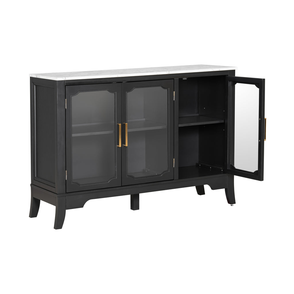 Side angle of black and white storage cabinet with one door open, highlighting adjustable shelving and gold hardware.