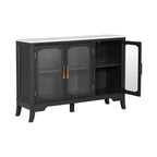 Side angle of black and white storage cabinet with one door open, highlighting adjustable shelving and gold hardware.