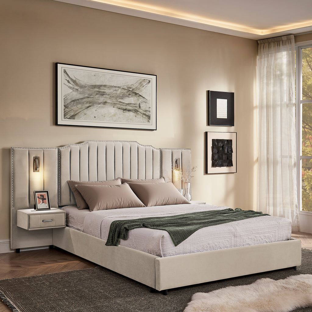 Queen upholstered bed frame in velvet with vertical stripe headboard, storage drawers, and adjustable wall lamps in a modern bedroom.