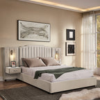 Queen upholstered bed frame in velvet with vertical stripe headboard, storage drawers, and adjustable wall lamps in a modern bedroom.