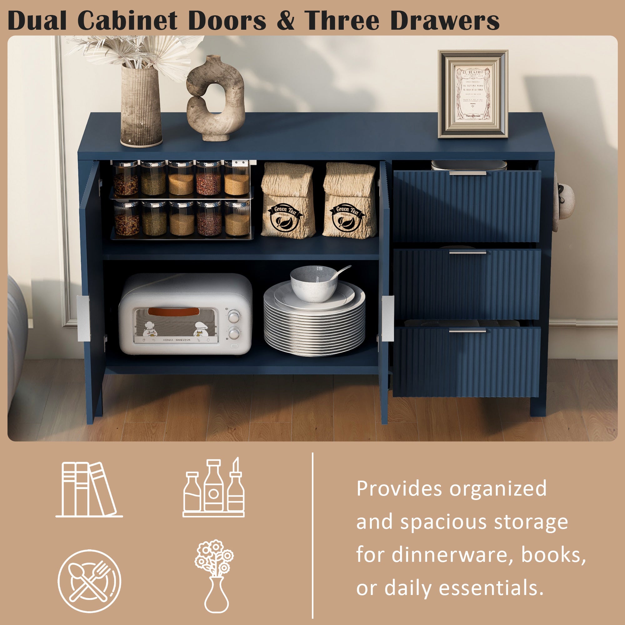Navy sideboard with dual cabinet doors and three drawers, offering spacious storage for dinnerware, books, or daily essentials.