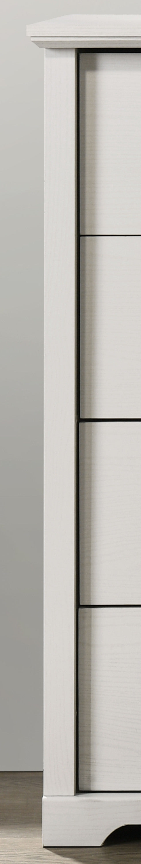 Side panel detail of Elara White 4-Drawer Chest highlighting the smooth white wood grain and clean vertical lines.