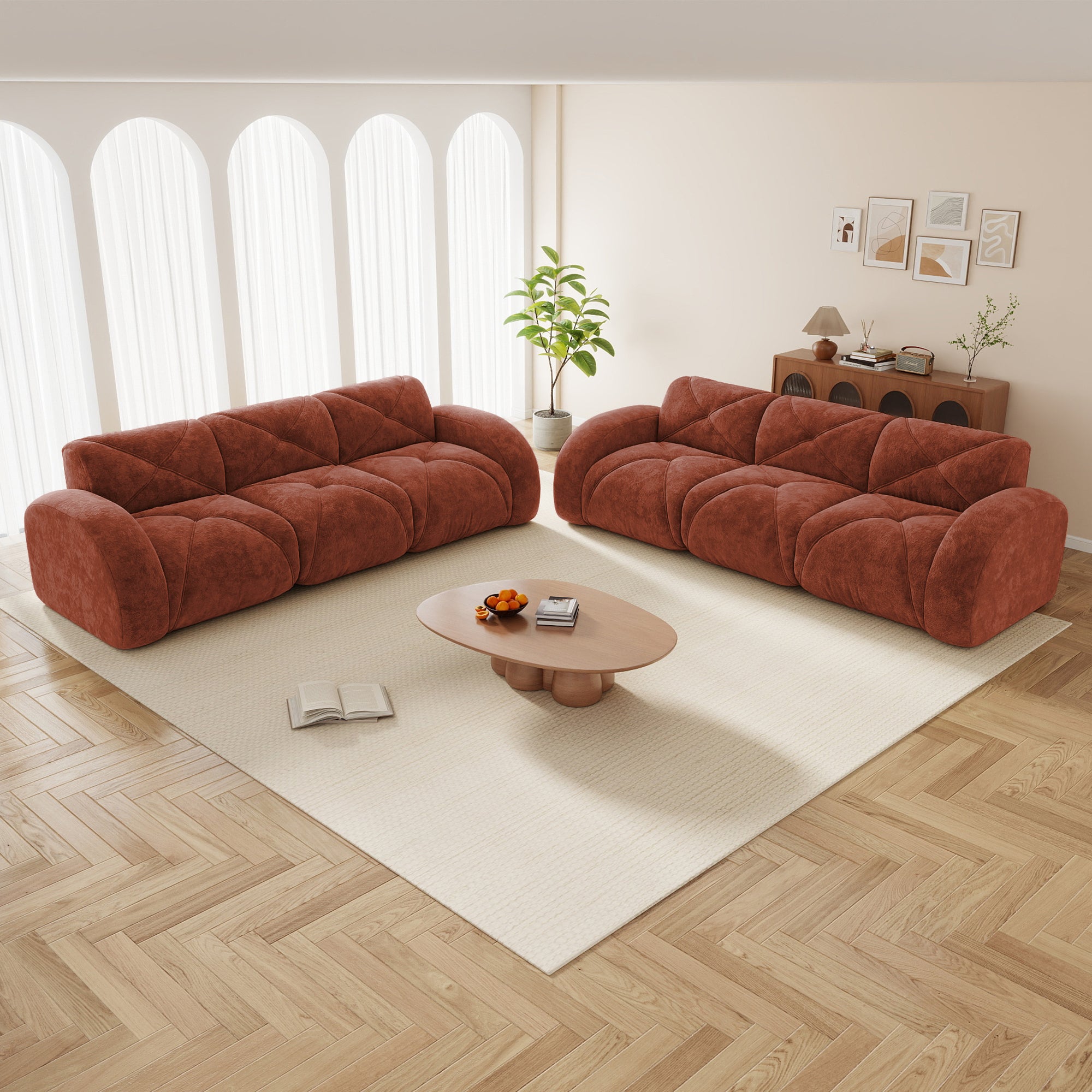 Red Brown 6-Seater Velvet Cloud Sofa Set, 2-Piece Modern Couch