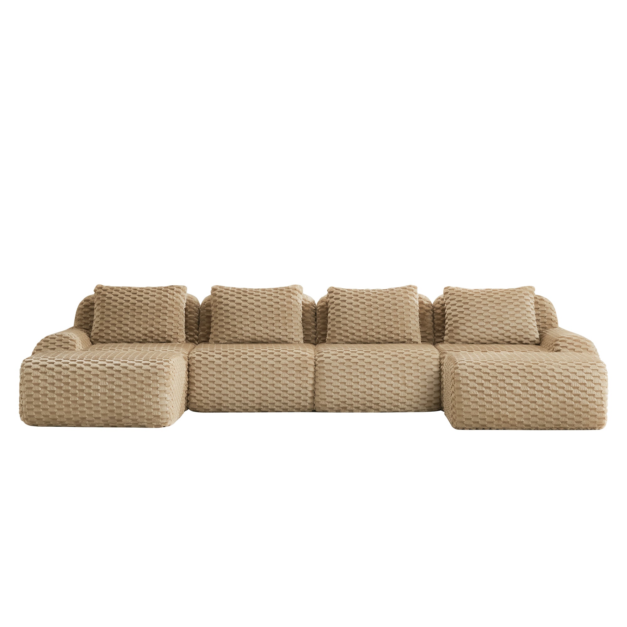 Front view of Modern Modular Sofa - U-Shaped Sectional with five cushions and ergonomic flannelette design for 4-seater comfort.
