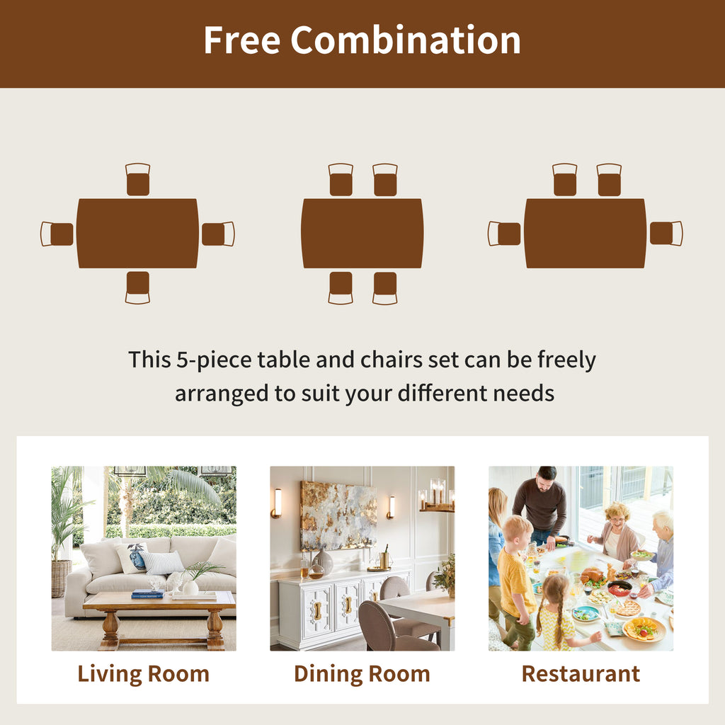 Farmhouse dining table set for 4 with flexible arrangement options for living room, dining room, or restaurant use.