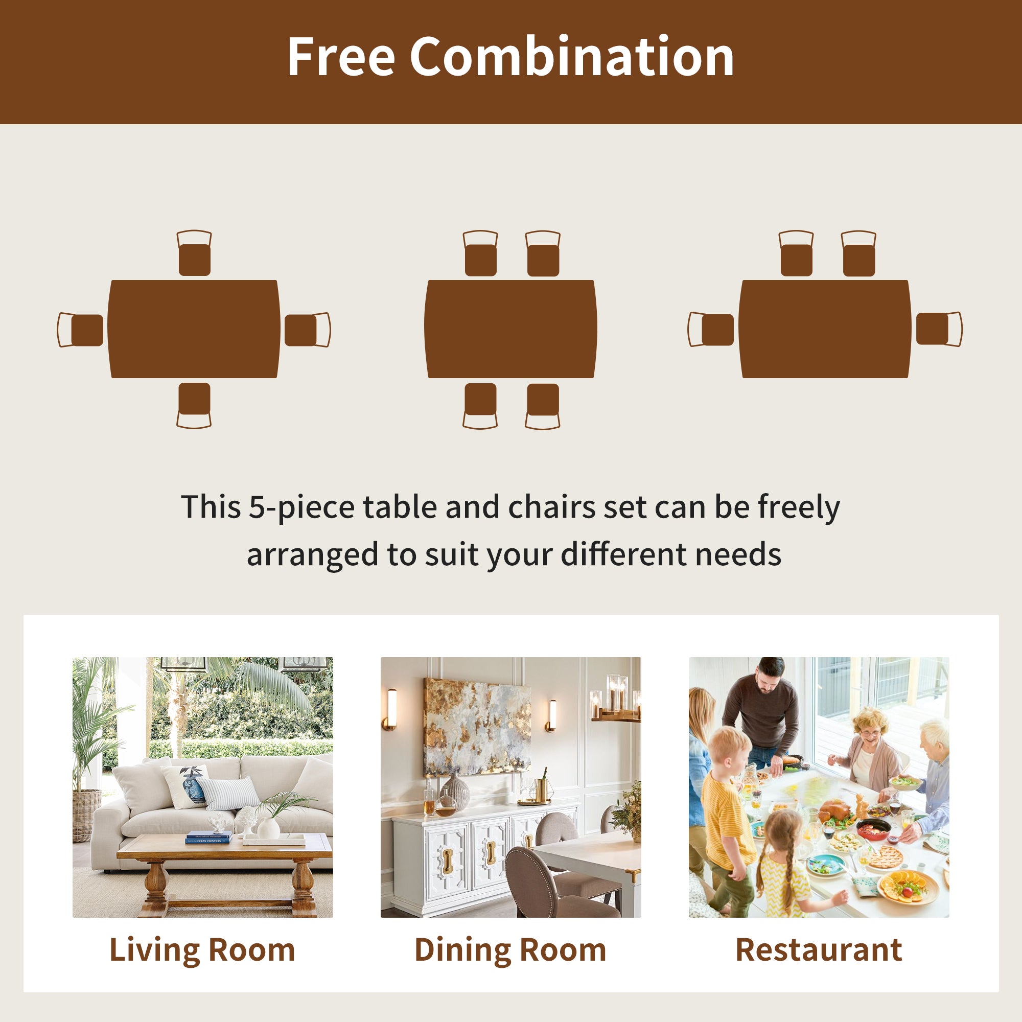 Farmhouse dining table set for 4 with flexible arrangement options for living room, dining room, or restaurant use.