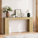Farmhouse Oak Console Table - Extra-Long Entryway Table placed in a hallway with floral decor, enhancing farmhouse-style interior aesthetics.