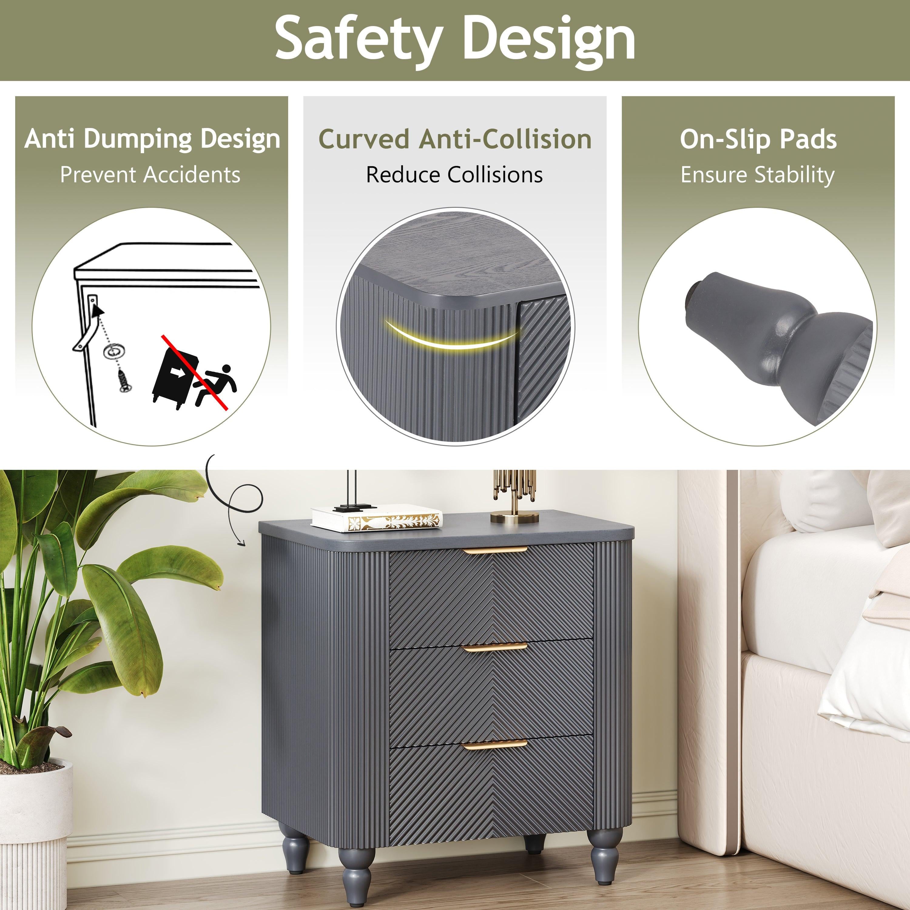 Mid-Century Nightstand with 3 Drawers in Dark Gray.