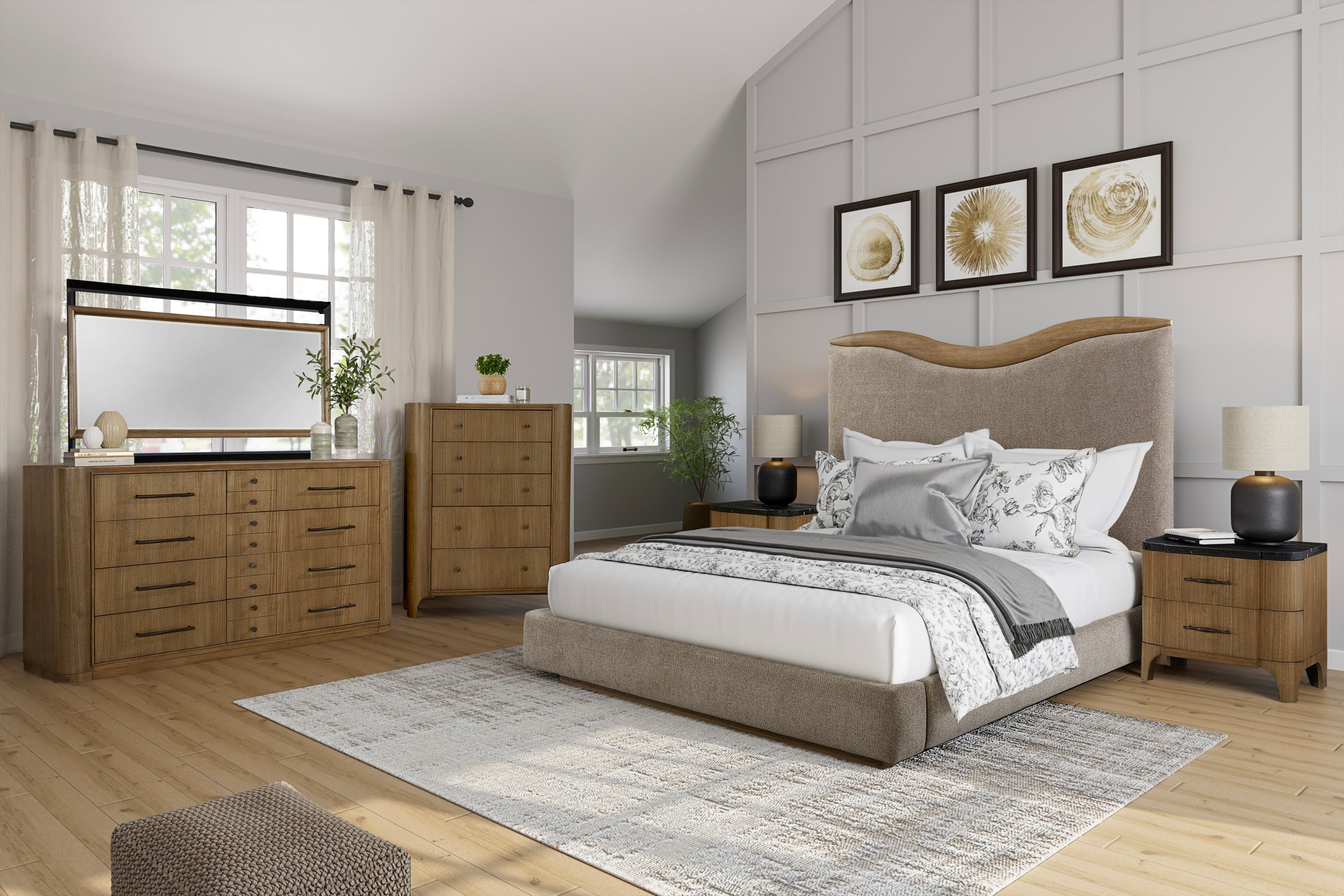 Stone Top Nightstand - 2 Drawer with USB Charging featured in a full bedroom set, complementing coordinated furniture in a modern interior.