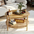 32-Inch Round Oak Coffee Table with Boho Rattan Storage Shelf