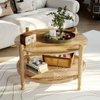 32-Inch Round Oak Coffee Table with Boho Rattan Storage Shelf