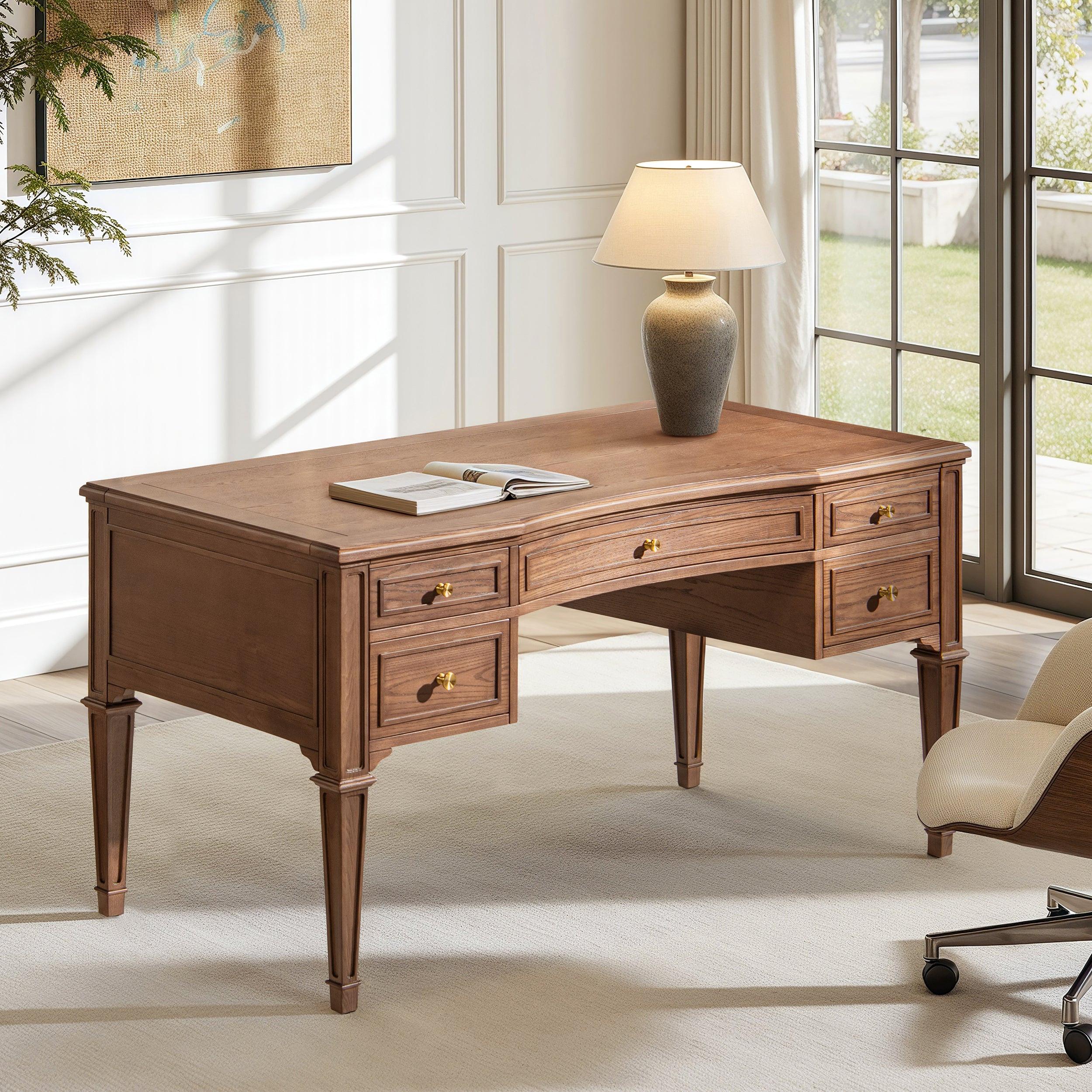 Dauphin Gold Accent Wood Executive Desk with 5 Drawers.