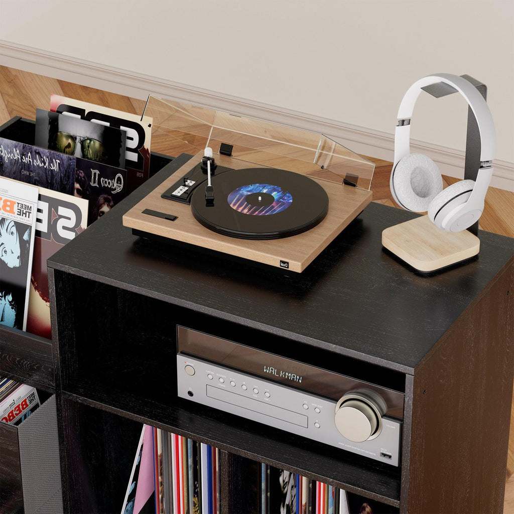 Eco-Friendly Record Player Stand - Black Vinyl Storage Cabinet.