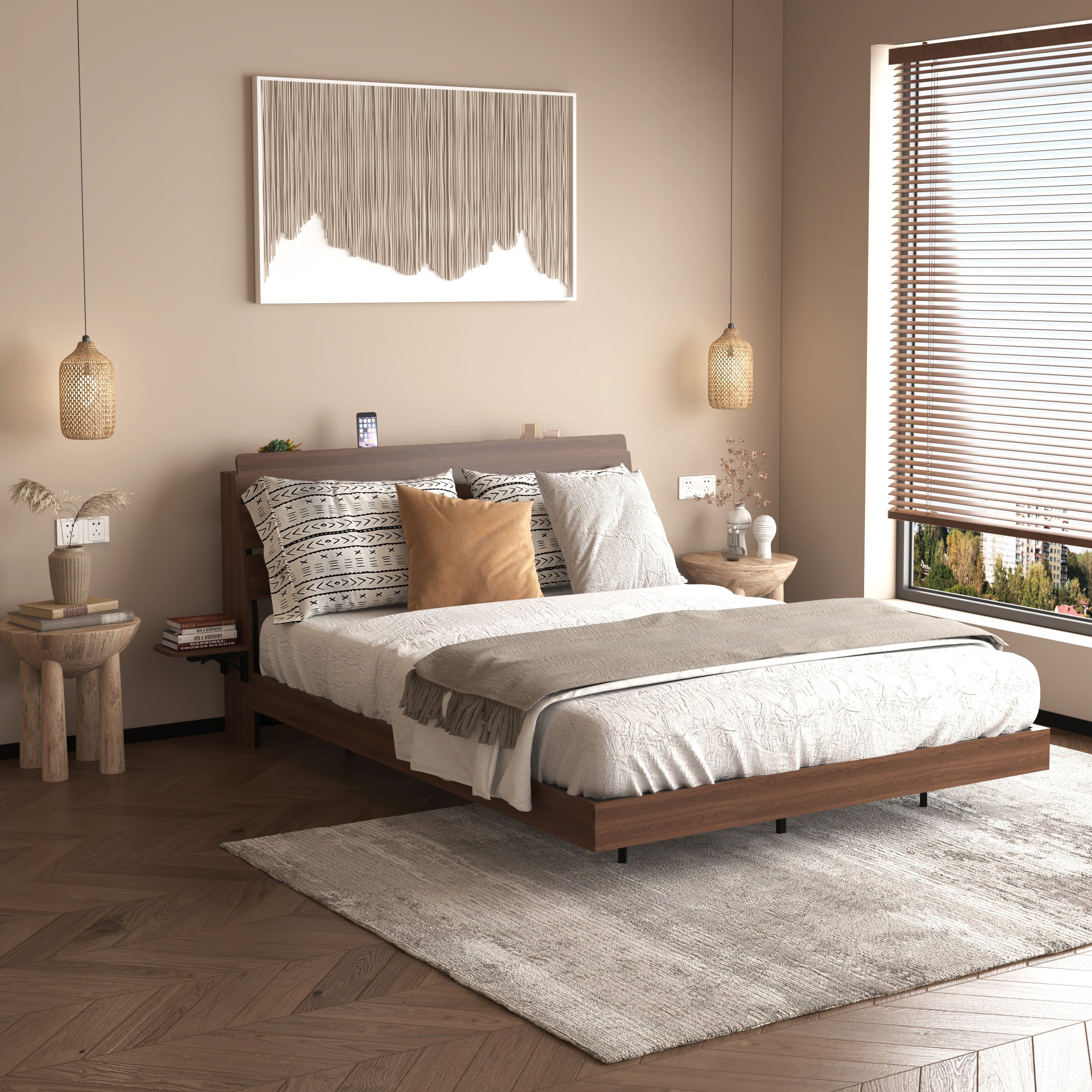 Floating bed frame queen with storage in a modern bedroom, featuring a wood finish and minimalist design without visible legs.
