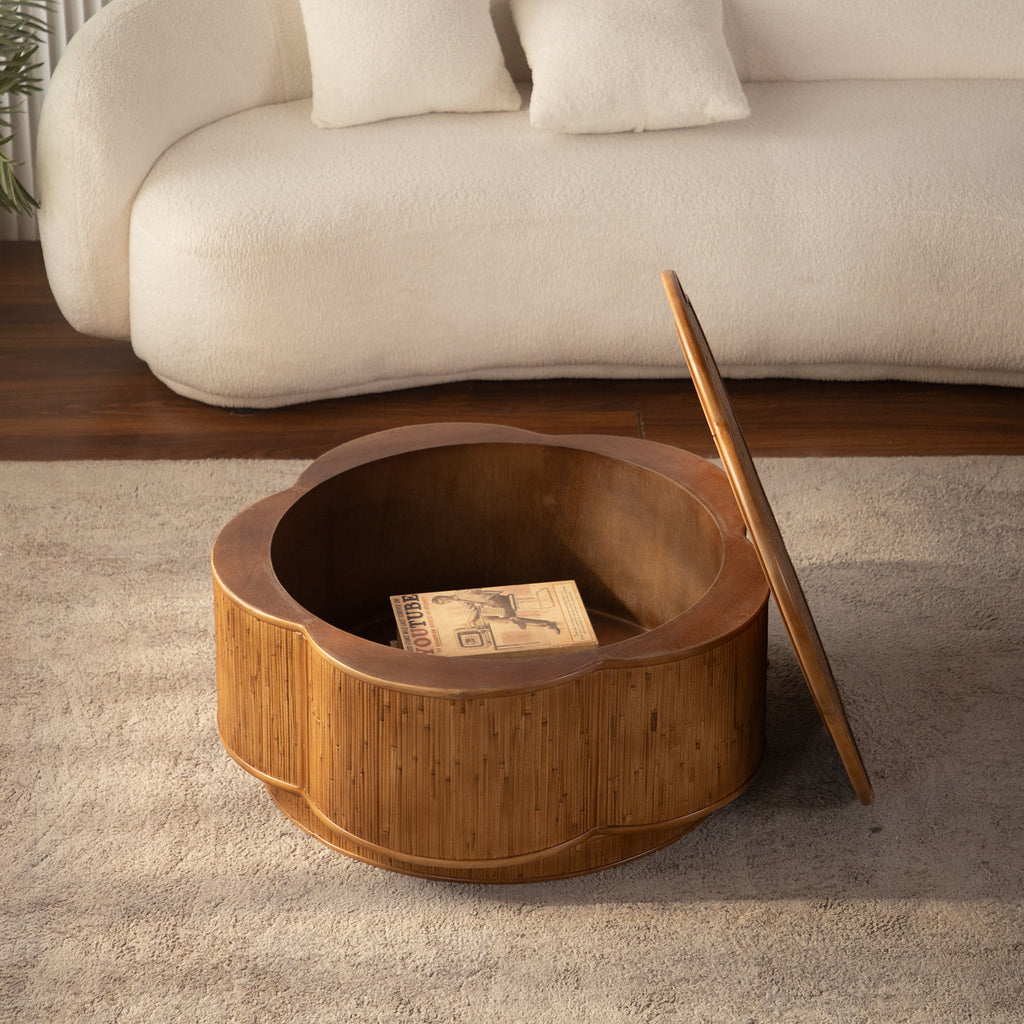 Natural Rattan Flower-Shaped Coffee Table with Hidden Storage