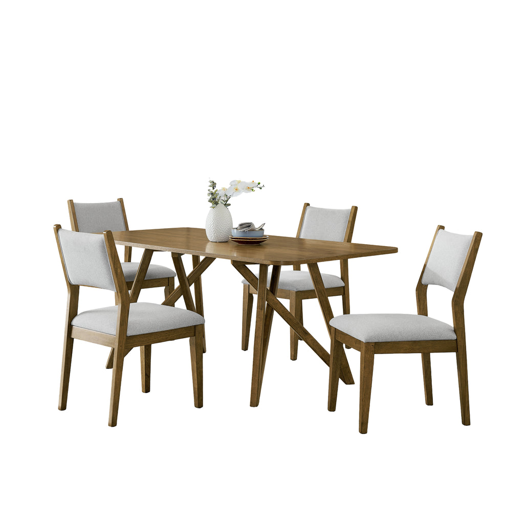 5-piece Walnut Oak Dining Set featuring spacious 70' table and 4 upholstered chairs with geometric cross base, ideal for contemporary dining.