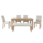 6-Piece Modern Dining Set, Rectangle Kitchen Table with 4 Upholstered Chairs & Bench, Ideal for Dining Room and Living Room, (Easy Assembly, Space Saving)