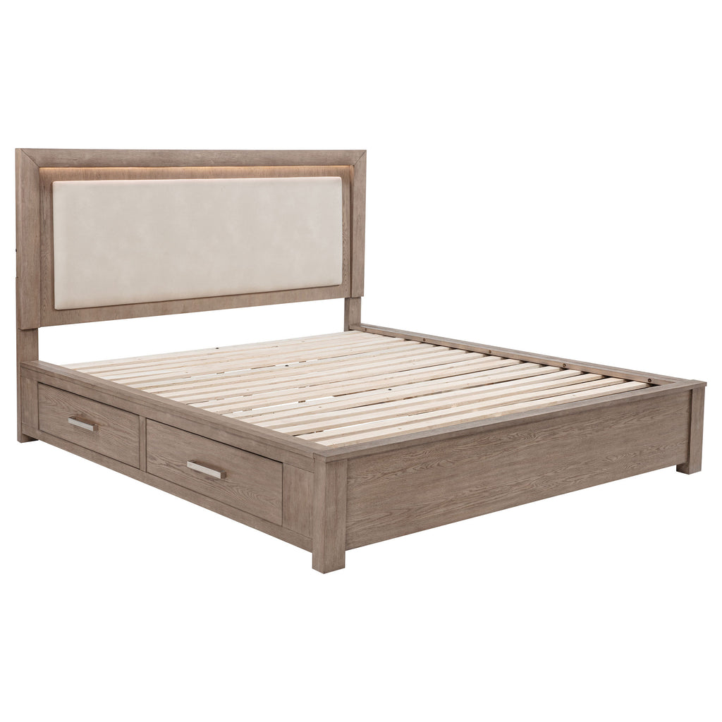 Barley brown California king bed with an upholstered headboard, built-in LED lighting, and side storage drawers.