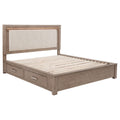 Barley brown California king bed with an upholstered headboard, built-in LED lighting, and side storage drawers.