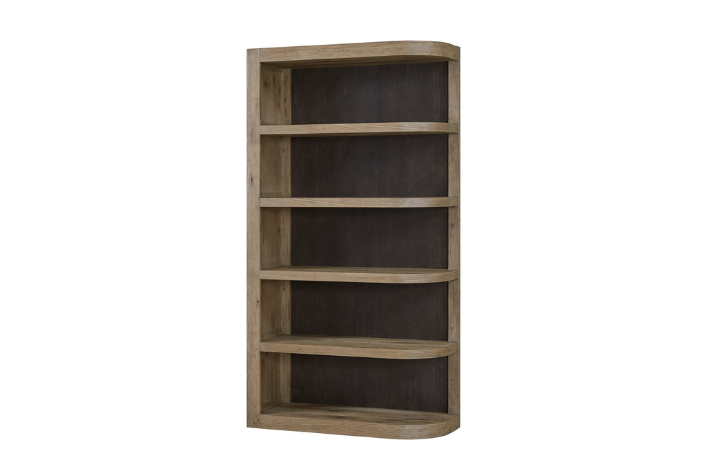 Angled view of Reversible Oak Etagere showing rounded shelf edges and solid oak construction for elegant storage.