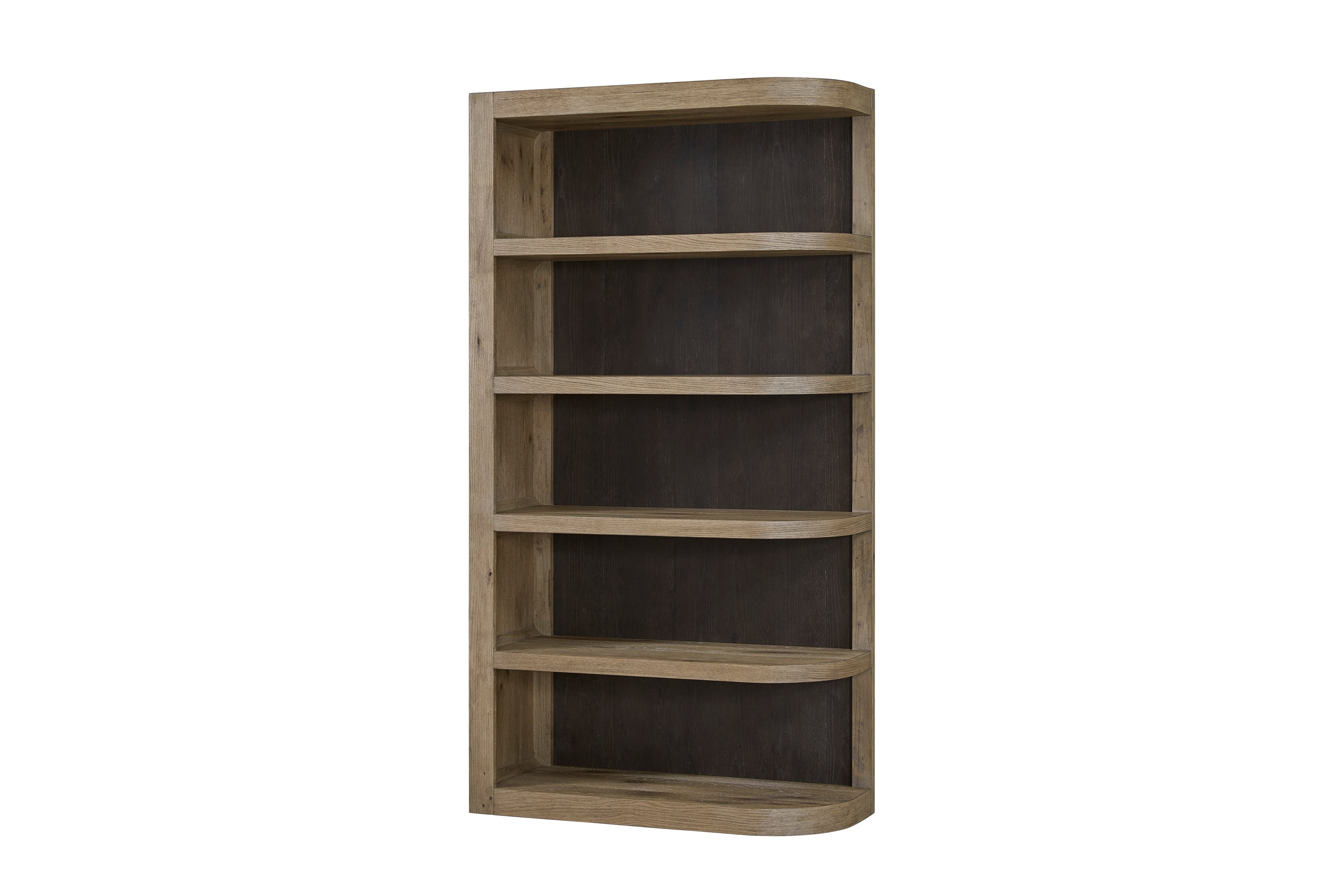 Angled view of Reversible Oak Etagere showing rounded shelf edges and solid oak construction for elegant storage.