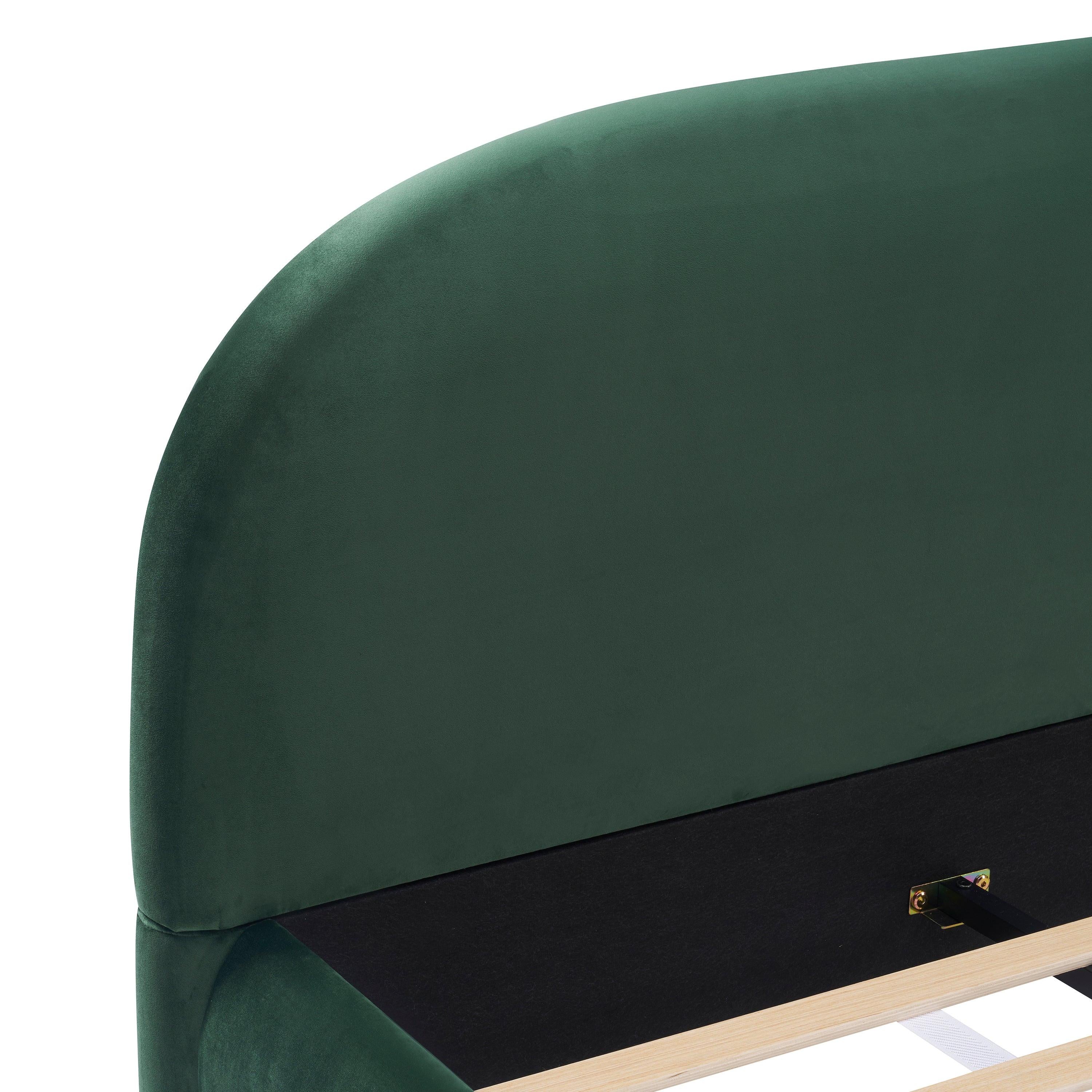 King Size Dark Green Velvet Bed with Curved Headboard.