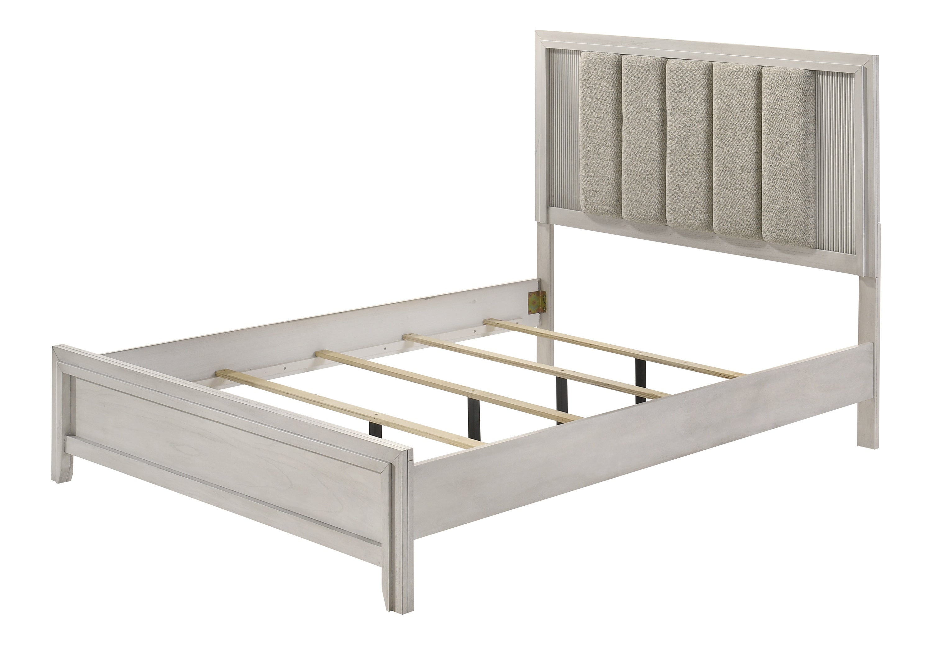 King Size White Bed Frame shown without mattress, highlighting sturdy wooden slats and modern frame construction.