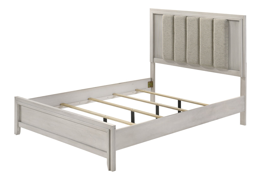 Queen size bed frame in white wood finish with slatted base and upholstered headboard, shown without mattress for structural view.