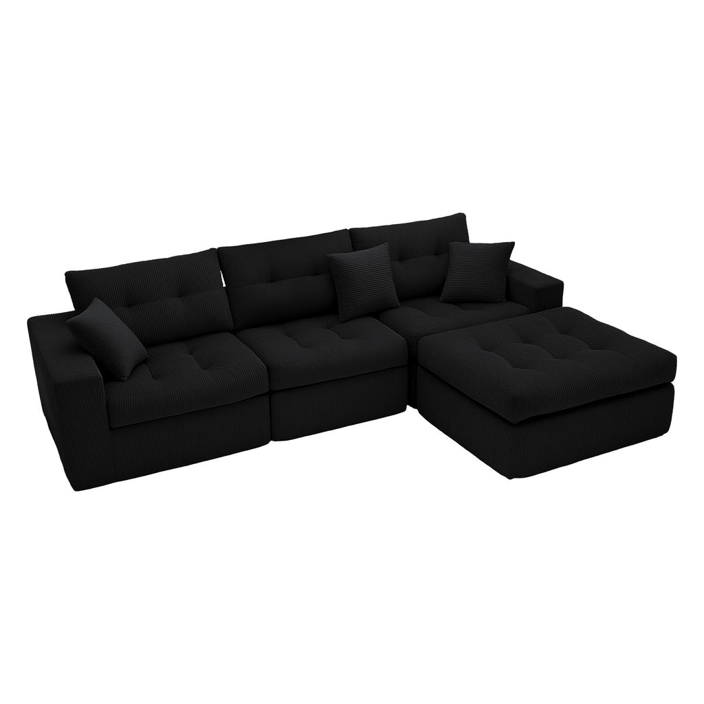 Black Corduroy L-Shaped Sectional Sofa with Chaise