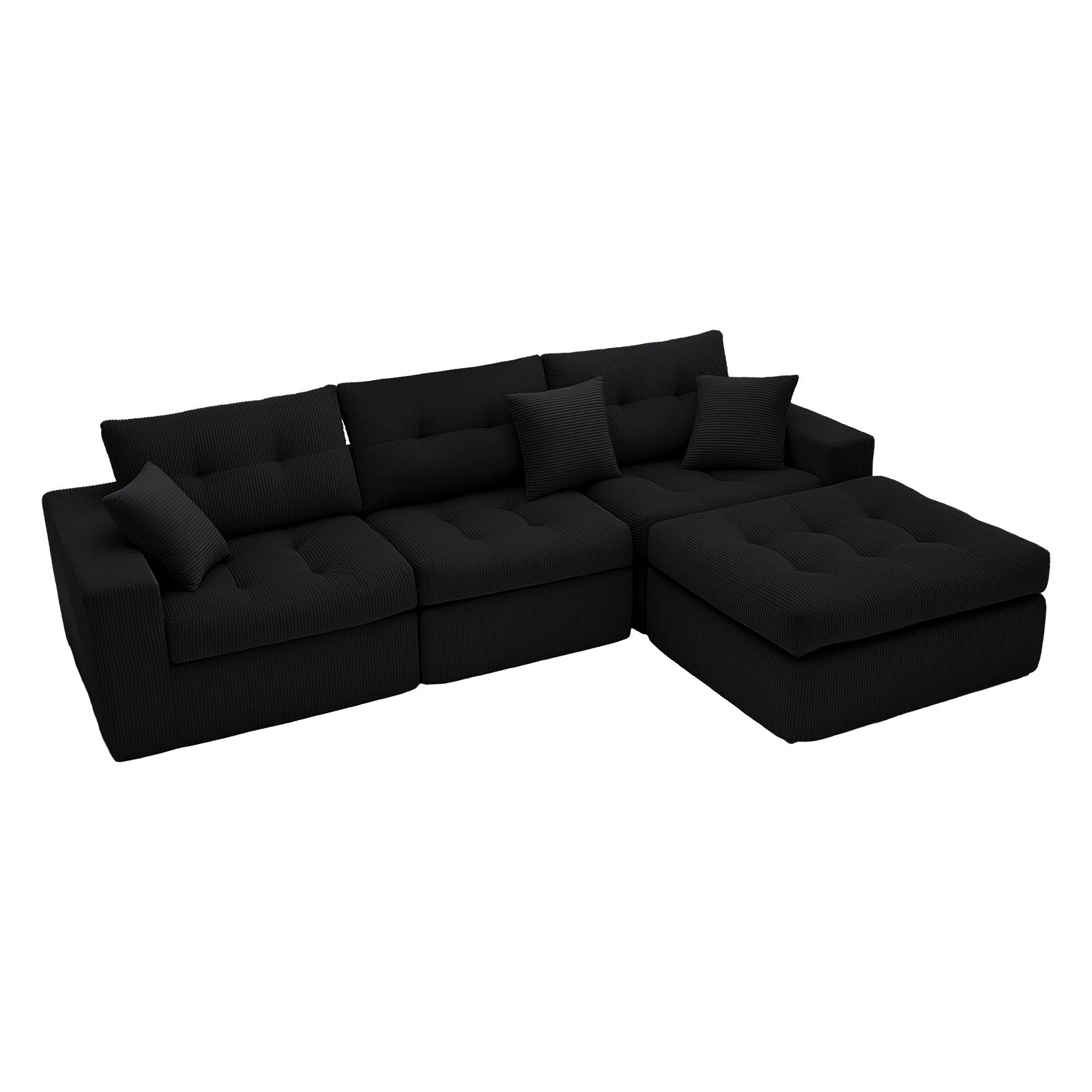 Black Corduroy L-Shaped Sectional Sofa with Chaise
