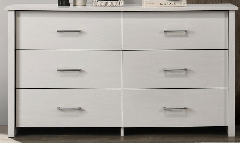White 6-Drawer Dresser with Silver Handles.