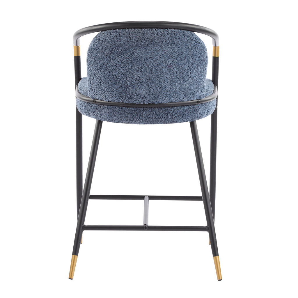 Back view of the counter stool showcasing the rounded backrest, blue upholstery, and black metal frame with gold-tipped legs.