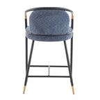 Back view of the counter stool showcasing the rounded backrest, blue upholstery, and black metal frame with gold-tipped legs.