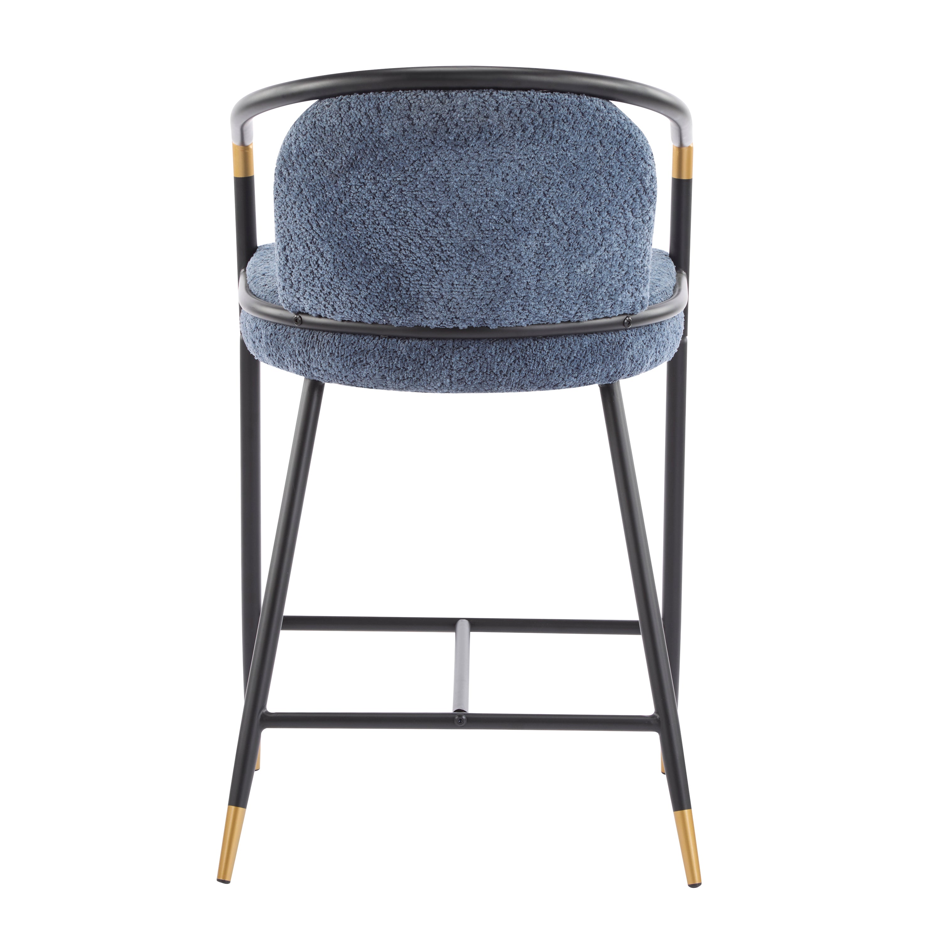 Back view of the counter stool showcasing the rounded backrest, blue upholstery, and black metal frame with gold-tipped legs.