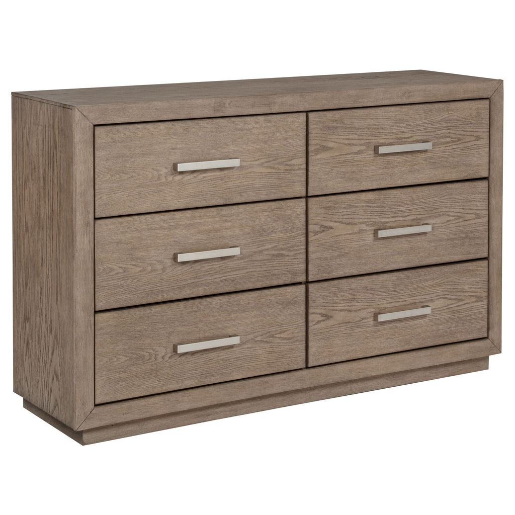 Modern 6-drawer dresser in barley brown oak veneer with horizontal silver handles and a clean, rectangular silhouette.