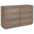 Modern 6-drawer dresser in barley brown oak veneer with horizontal silver handles and a clean, rectangular silhouette.