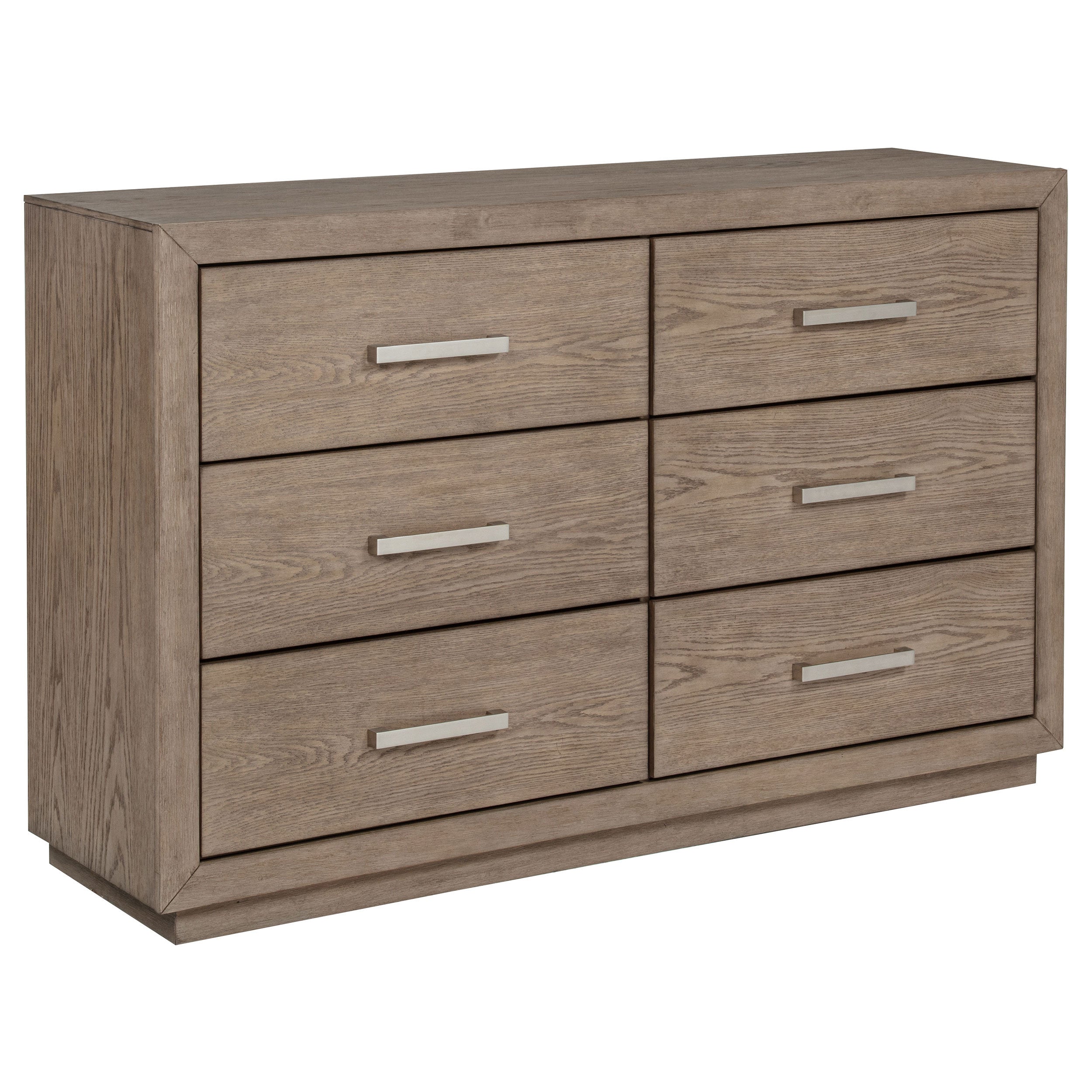 Modern 6-drawer dresser in barley brown oak veneer with horizontal silver handles and a clean, rectangular silhouette.