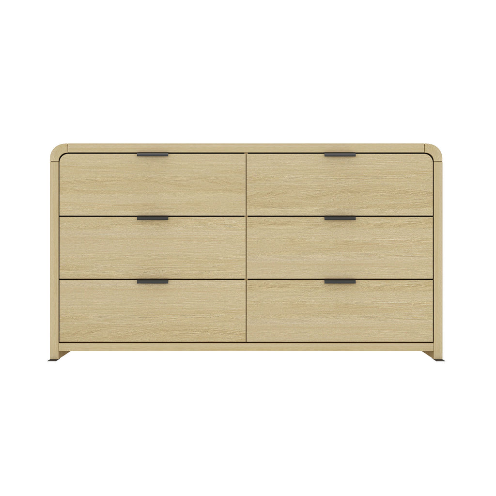 Grace 60" Dresser in Oak with 6 drawers and black metal pulls, ideal for modern bedroom storage and organization.