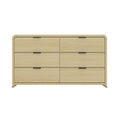 Grace 60" Dresser in Oak with 6 drawers and black metal pulls, ideal for modern bedroom storage and organization.